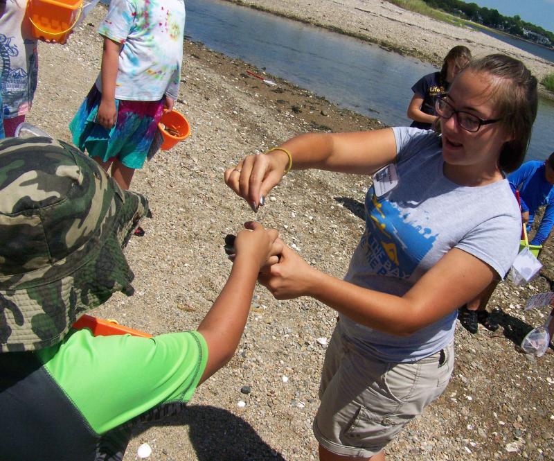 Coalition volunteer Becca Stroud hands off a small crab to one of the participants. BY MATTHEW BERNAT